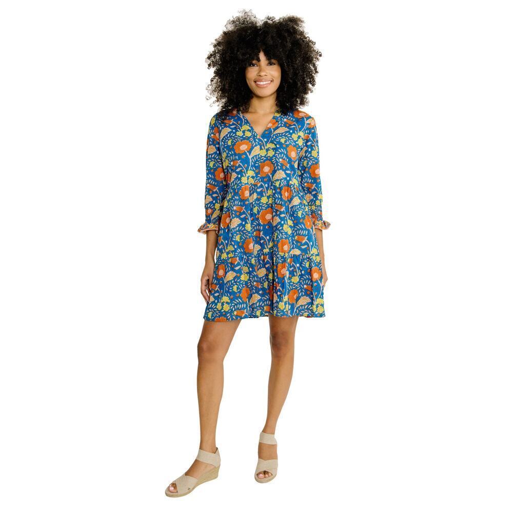 Charlee Women's Blue & Orange Floral Print V-Neckline Tiered Mini Dress Size XS
